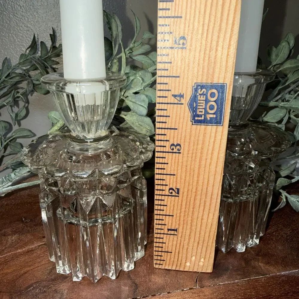 Vtg Cut Glass Reversible Candle Holders Pair Art Deco Style Crystal Look 4.5”